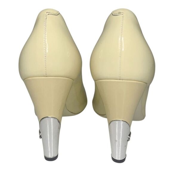 Chanel Interlocking CC Logo Peep Toe Patent Leather Heels EU 37.5 Yellow Pumps - Picture 10 of 14